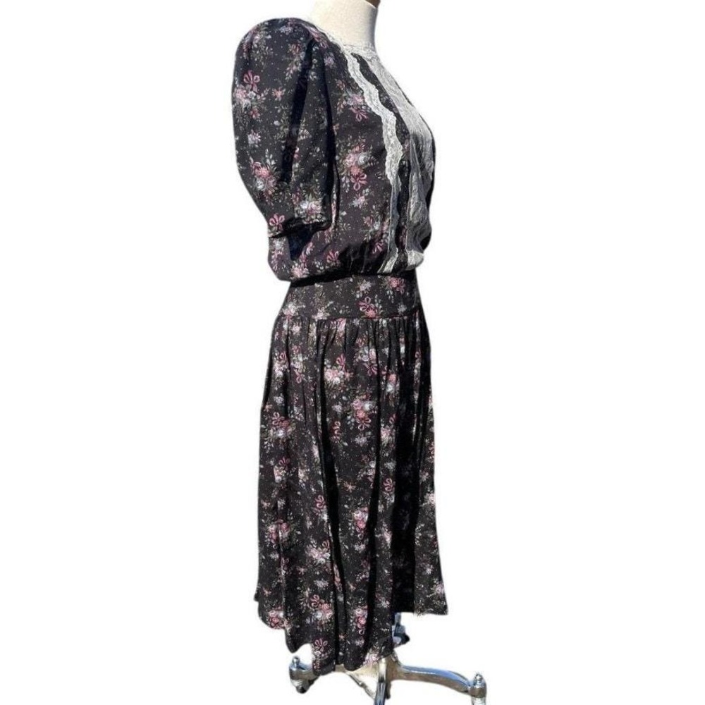 Vintage GUNNE SAX‎ (13) Dress Black Floral Puff Sleeve Cottage Lace Trad Whimsi - Picture 4 of 9